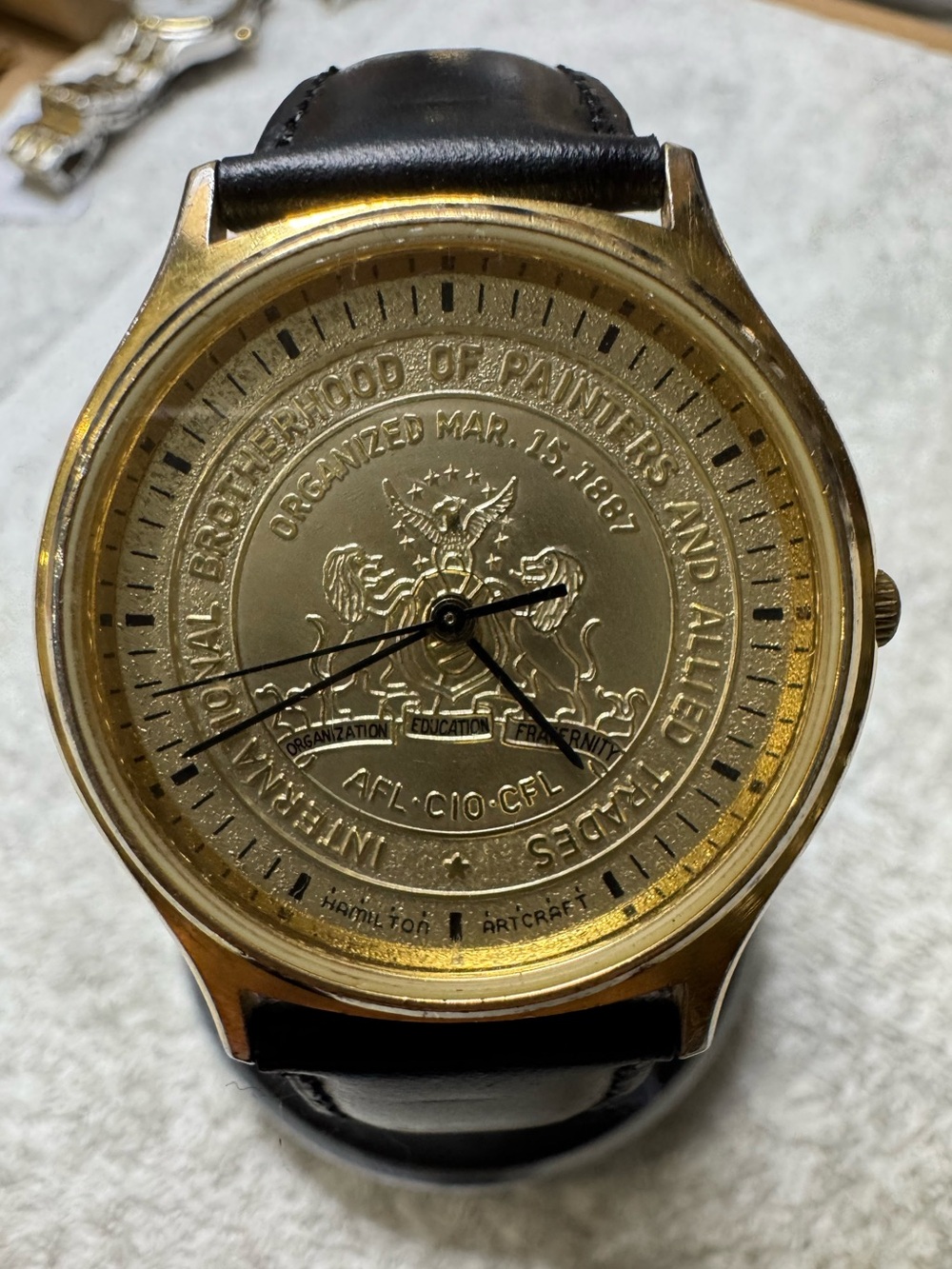 #187 Hamilton Gold Dial Watch with Black Leather Strap